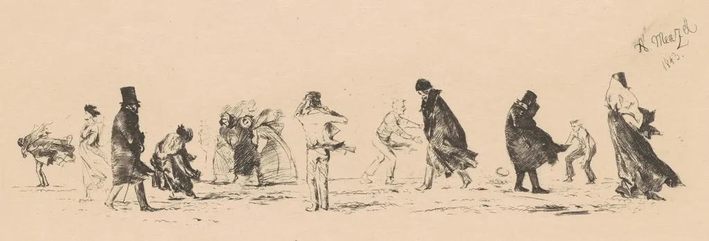 Untitled (Figures in a Strong Wind), by Adolph von Menzel, ink, 1843