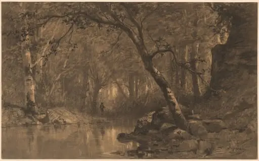 A Woodland River with a Fisherman, by Adolphe Appian