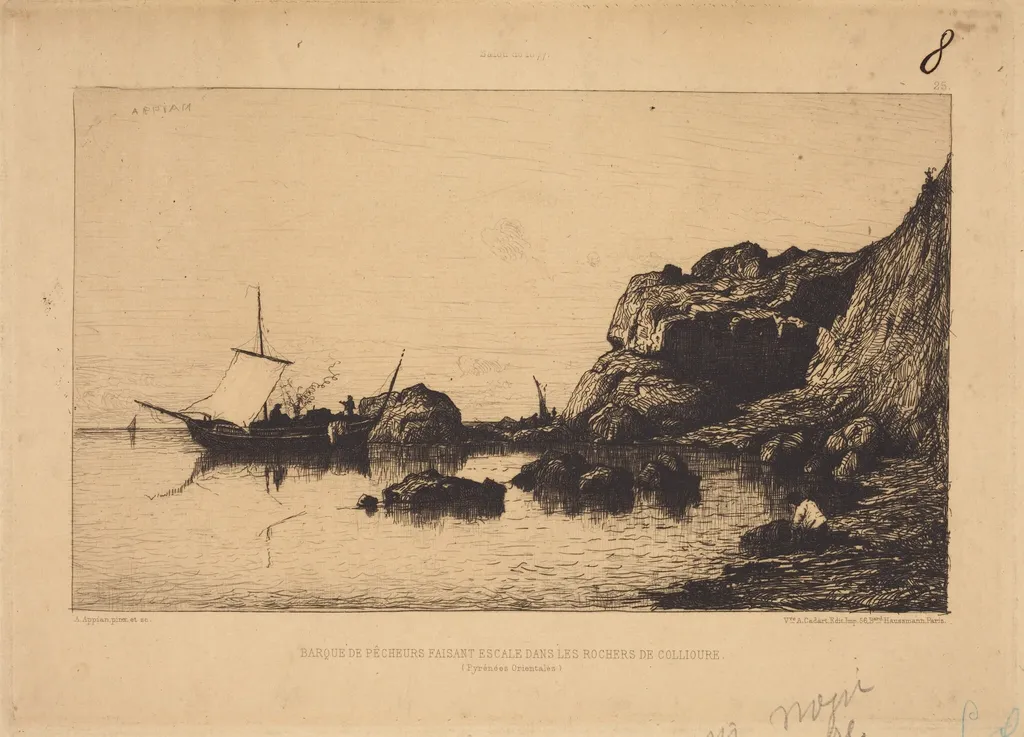 Barque de pecheurs faisant escale dans les rochers de Collioure, by Adolphe Appian, ink, 1858