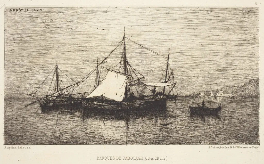 Barques de Cabotage, by Adolphe Appian, ink, 1858