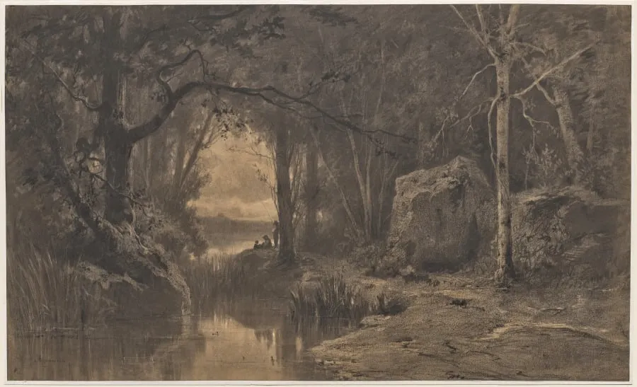 Three Fishermen Along the Banks of a River at the Edge of a Forest, by Adolphe Appian, 1868