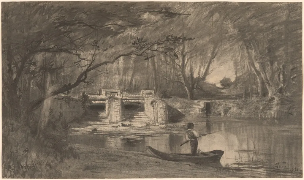 Wooded Pond by the Ancient Sluice of Levaux near Vienne, by Adolphe Appian, charcoal, 1861