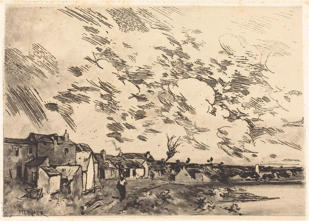 Village sur le bord d'une Riviere, by Adolphe Hervier, ink, 1875