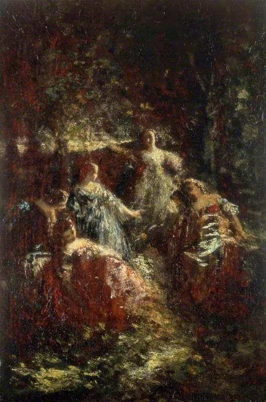 Elegant Ladies in a Forest Clearing, by Adolphe Joseph Thomas Monticelli, oil, 1859