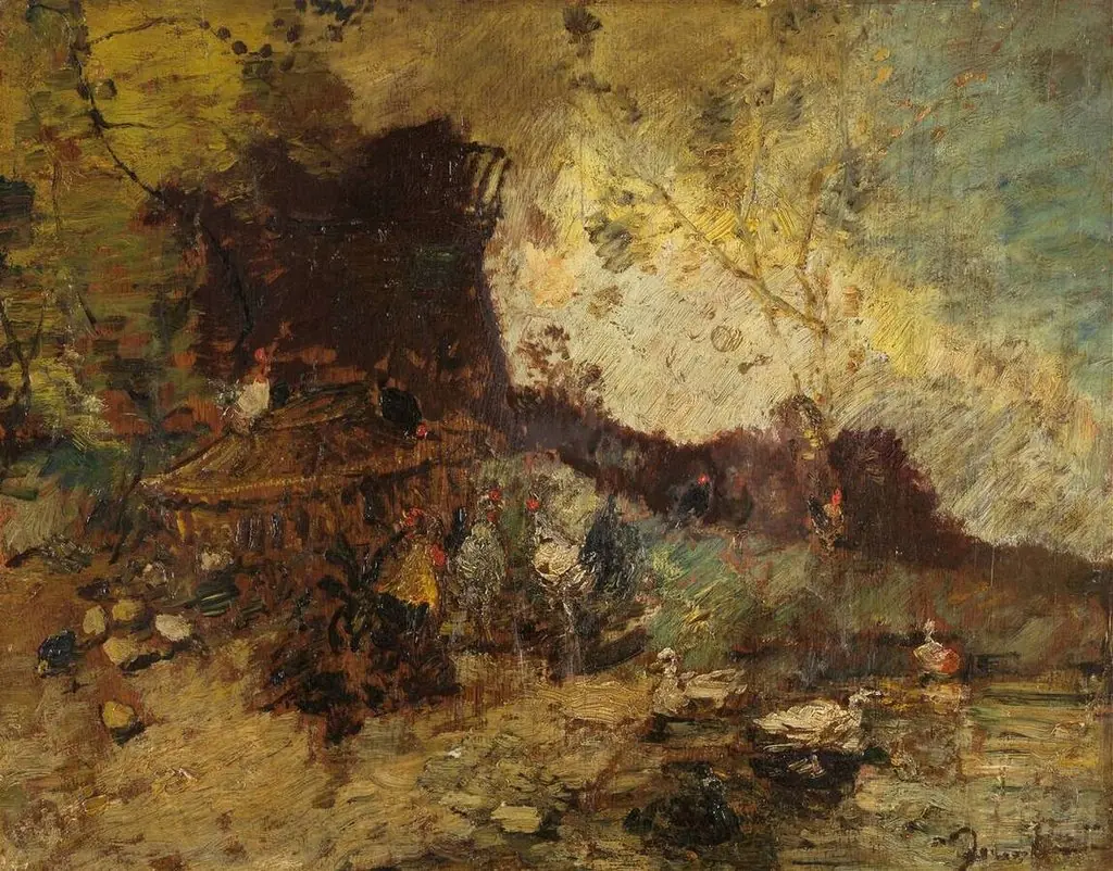 Poultry near the ruins of a mill, by Adolphe Joseph Thomas Monticelli