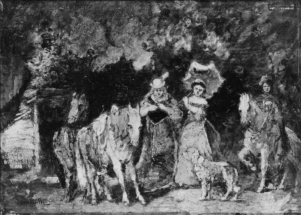 Two Women with Horses, a Dog, and an Attendant, by Adolphe Joseph Thomas Monticelli, unspecified, 1865