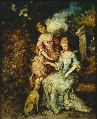 Two young women and a dog in a park, by Adolphe Joseph Thomas Monticelli