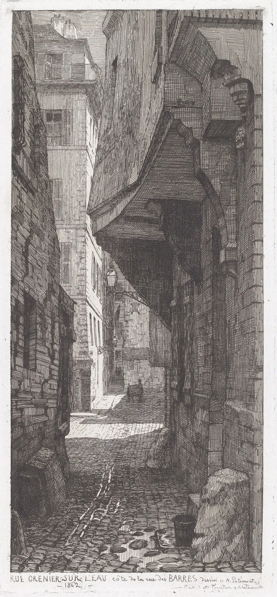 Rue Grenier sur l'eau, côté de la rue des Barres, by Adolphe Théodore Jules Martial Potémont, ink, 1862