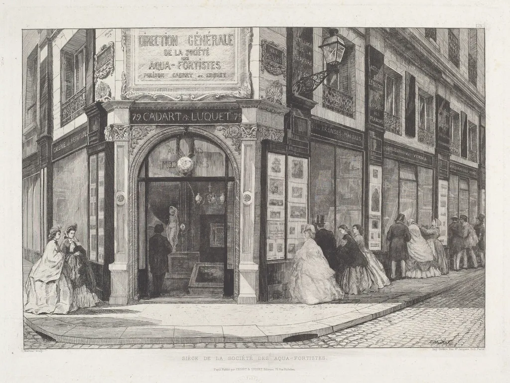 Siège de la Société des Aquafortistes, by Adolphe Théodore Jules Martial Potémont, ink, 1864