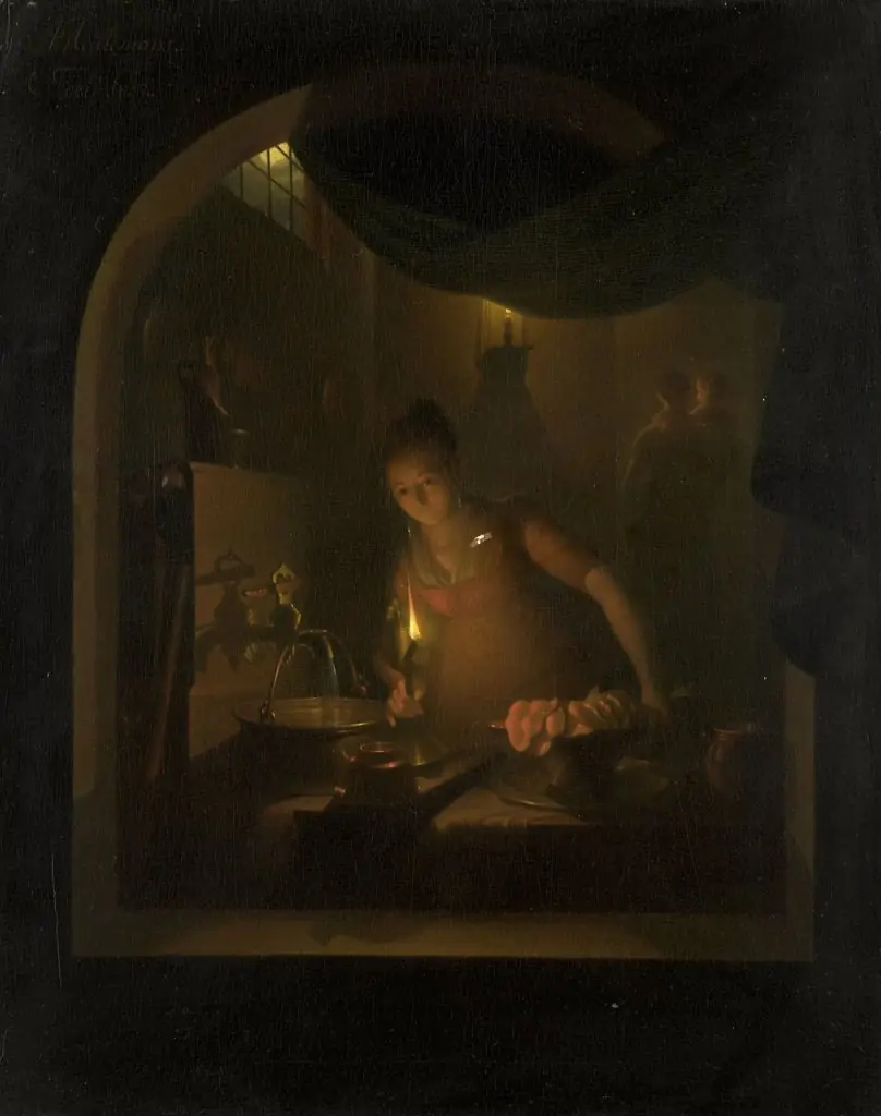 Kitchen by Lamplight, by Adriaan Meulemans
