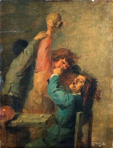 Brawl between peasants playing dice, by Adriaen Brouwer, oil, 1635