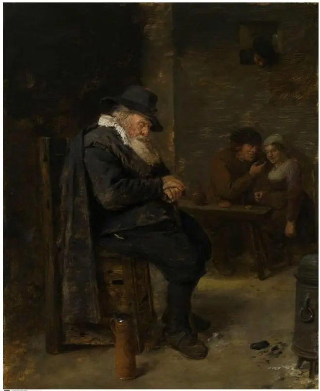 Interior of an inn with an old man asleep and an amorous couple, by Adriaen Brouwer