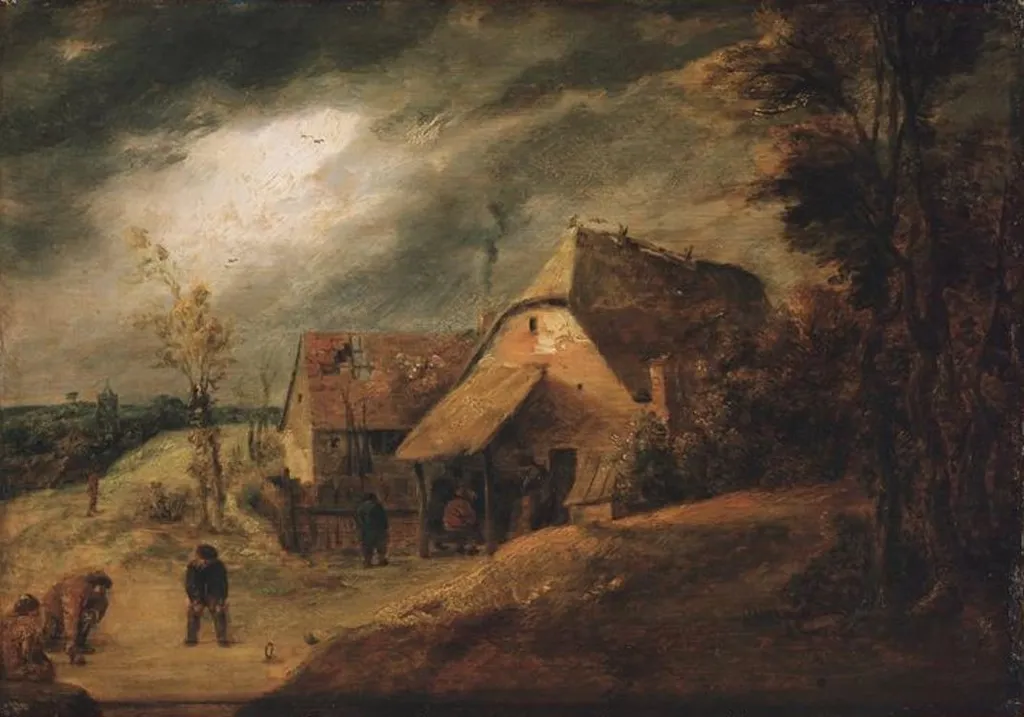 Landscape with Bowlers, by Adriaen Brouwer, oil, 1635