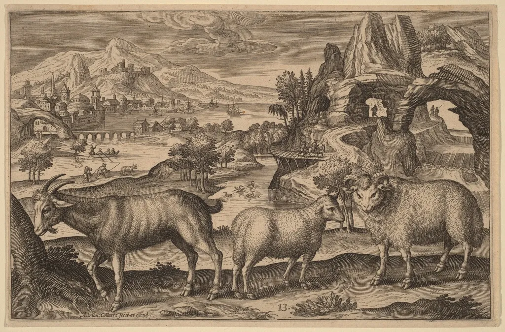 A Goat, a Ewe, and a Ram, by Adriaen Collaert, ink, 1597