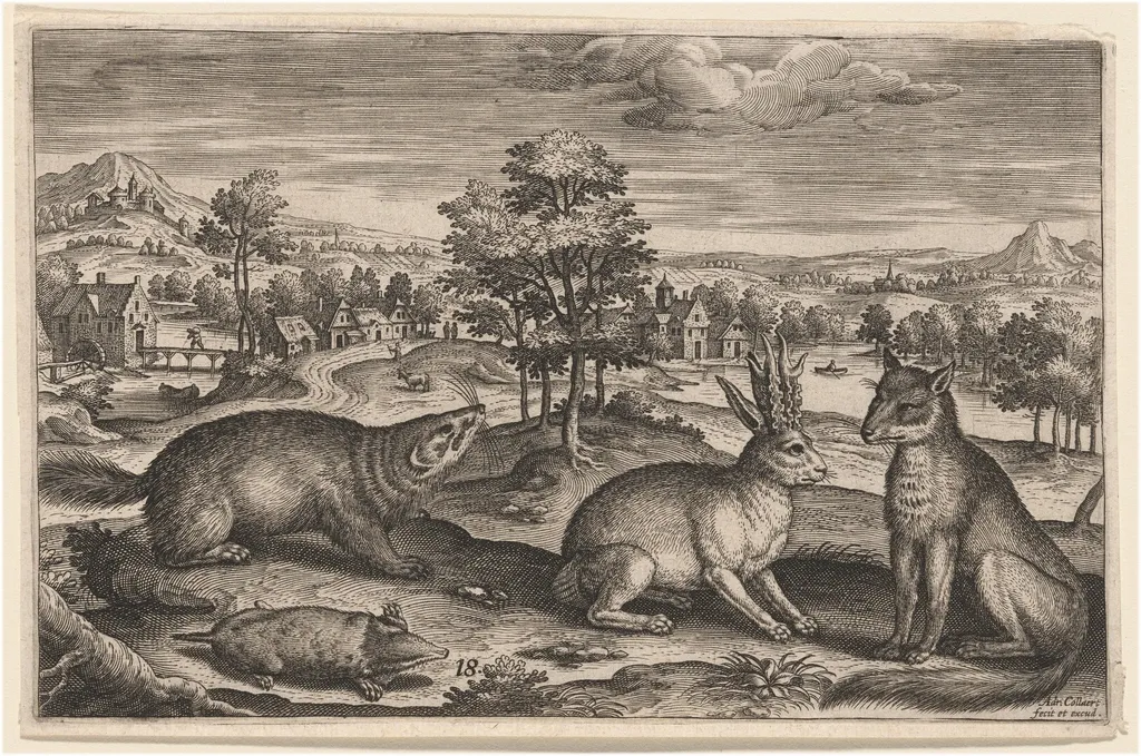 A Mole, a Badger, a Horned Hare and a Fox, by Adriaen Collaert, ink, 1597