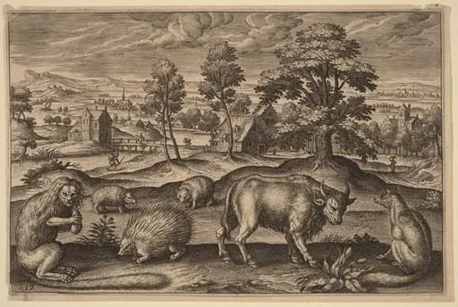 A Monkey, a Porcupine, Two Hedgehogs, a Buffalo and a Fox, by Adriaen Collaert