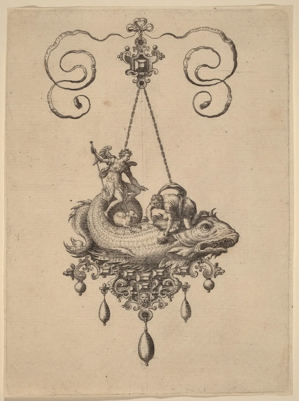 Design for a Pendant with a Fish Carrying Tobias and the Angel, by Adriaen Collaert, ink, 1582