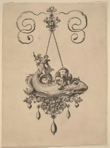 Design for a Pendant with a Fish Carrying Tobias and the Angel, by Adriaen Collaert