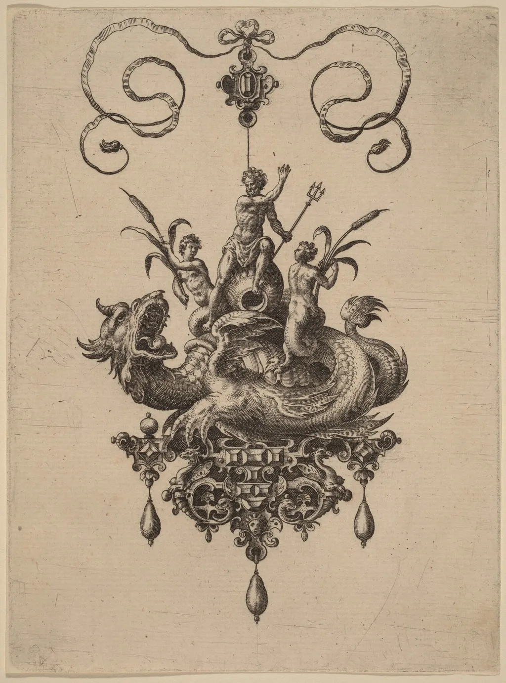 Design for a Pendant with a Sea-Monster Carrying Neptune Flanked by Two Nereids, by Adriaen Collaert, ink, 1582