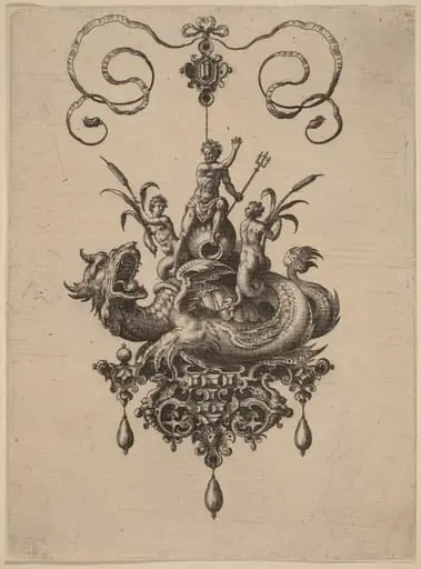Design for a Pendant with a Sea-Monster Carrying Neptune Flanked by Two Nereids, by Adriaen Collaert