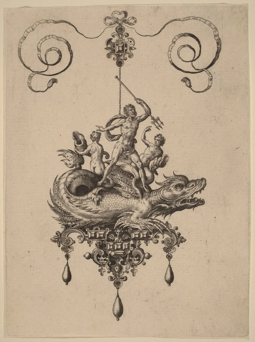 Design for a Pendant with a Sea-Monster Carrying Neptune Flanked by Two Figures, by Adriaen Collaert, ink, 1582