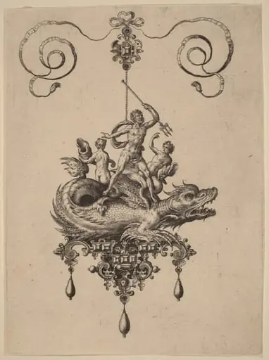 Design for a Pendant with a Sea-Monster Carrying Neptune Flanked by Two Figures, by Adriaen Collaert