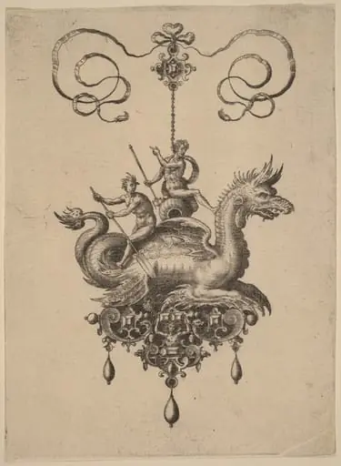 Design for a Pendant with a Sea-Monster Carrying Neptune on an Urn Flanked by a River-God with an Oar, by Adriaen Collaert