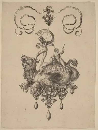 Design for a Pendant with a Sea-Monster Carrying Thetis and a Man with a Sail, by Adriaen Collaert