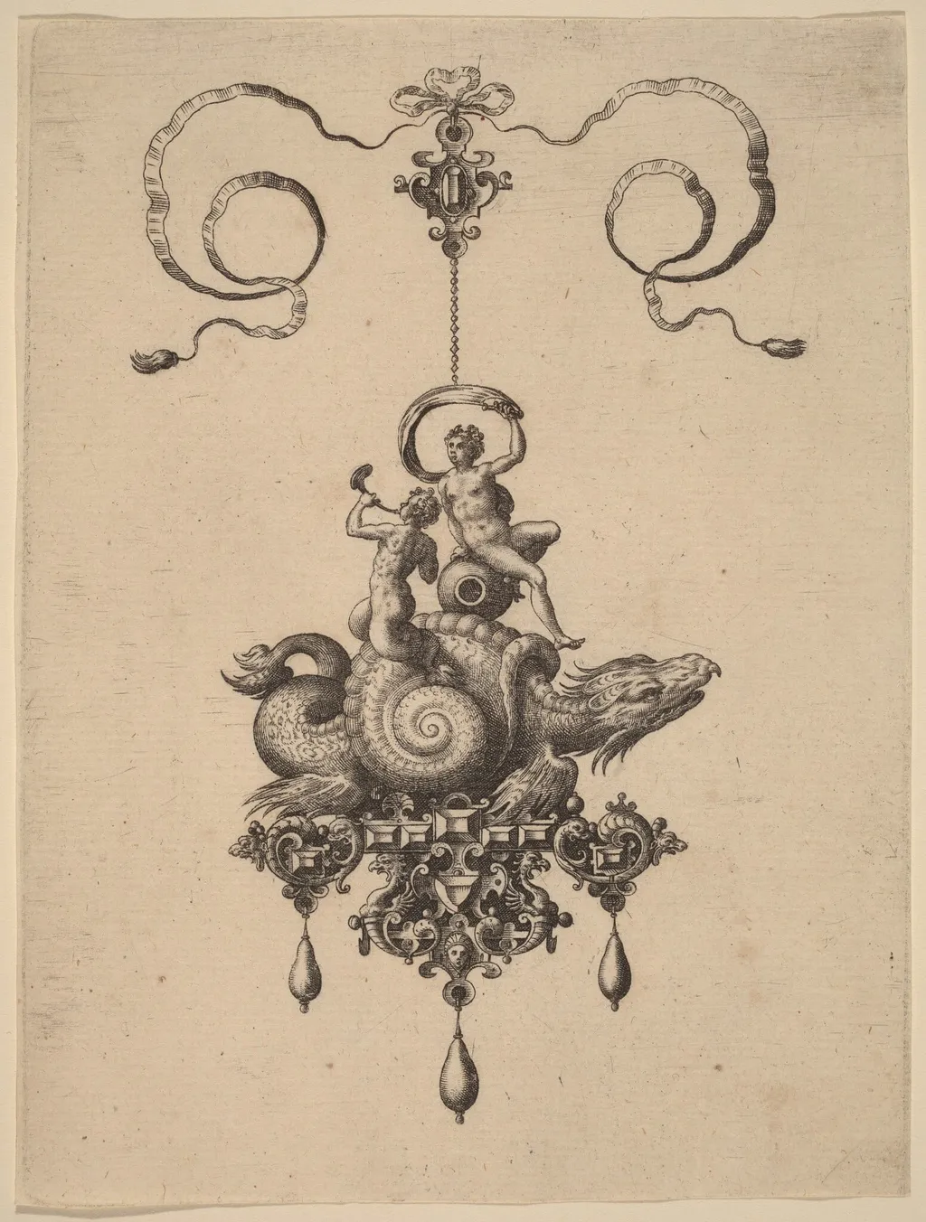 Design for a Pendant with a Sea-Monster in a Shell Carrying a Triton and a Woman with a Sail, by Adriaen Collaert, ink, 1582