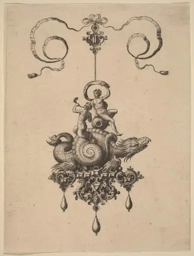 Design for a Pendant with a Sea-Monster in a Shell Carrying a Triton and a Woman with a Sail, by Adriaen Collaert