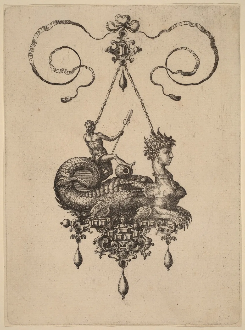 Design for a Pendant with a Sphinx with the Body of a Fish Carrying a Man with an Oar, by Adriaen Collaert, ink, 1582