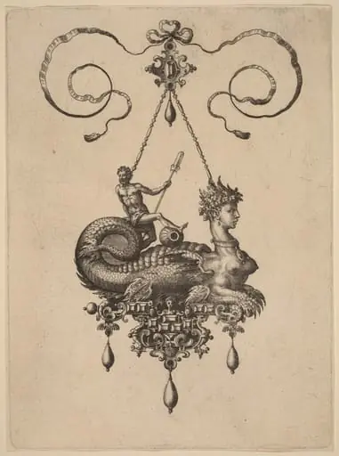 Design for a Pendant with a Sphinx with the Body of a Fish Carrying a Man with an Oar, by Adriaen Collaert