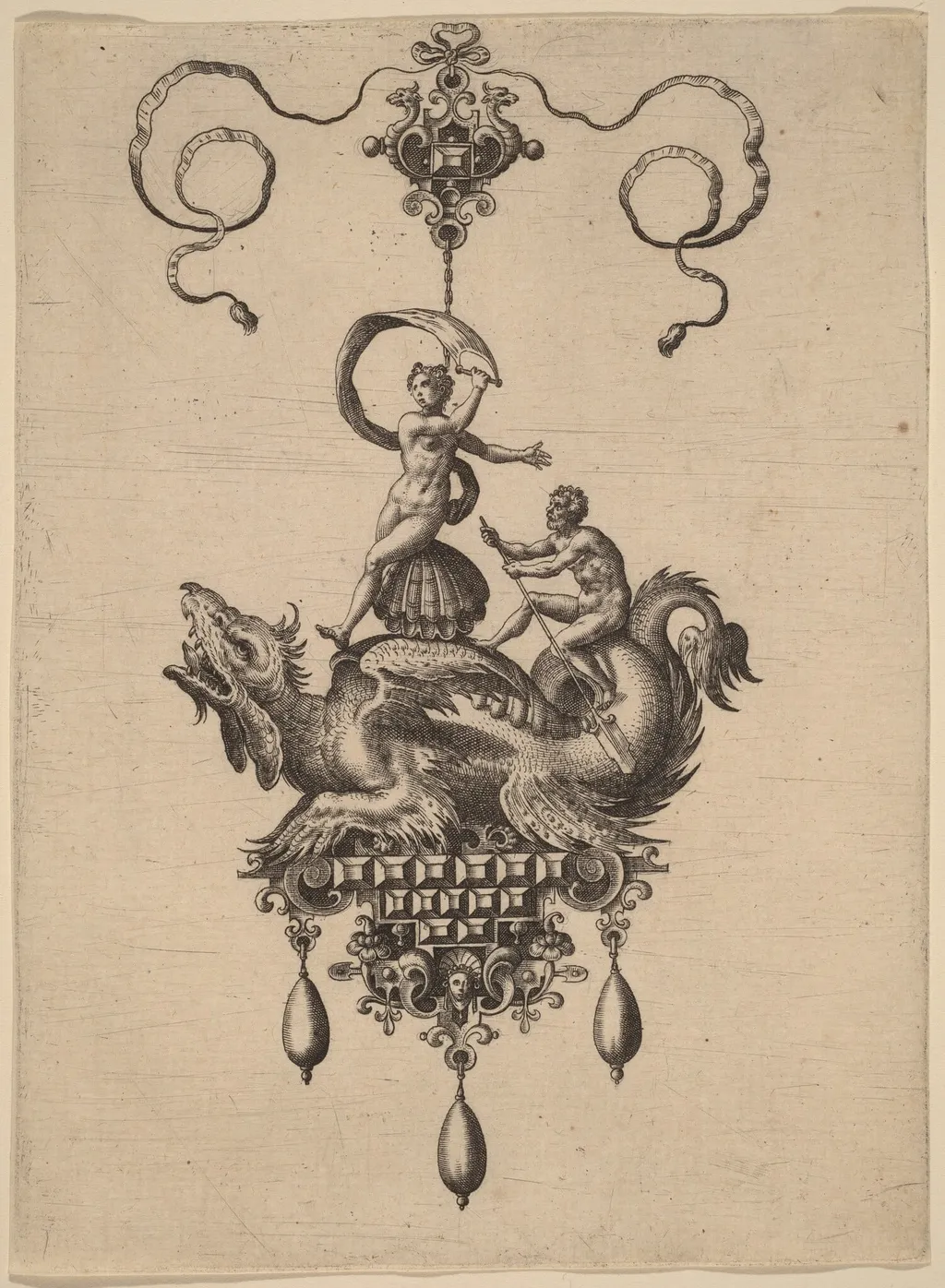 Design for a Pendant with a Winged Sea-Monster Carrying Venus Anadyomene on a Shell and a Man with an Oar, by Adriaen Collaert, ink, 1582