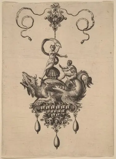 Design for a Pendant with a Winged Sea-Monster Carrying Venus Anadyomene on a Shell and a Man with an Oar, by Adriaen Collaert