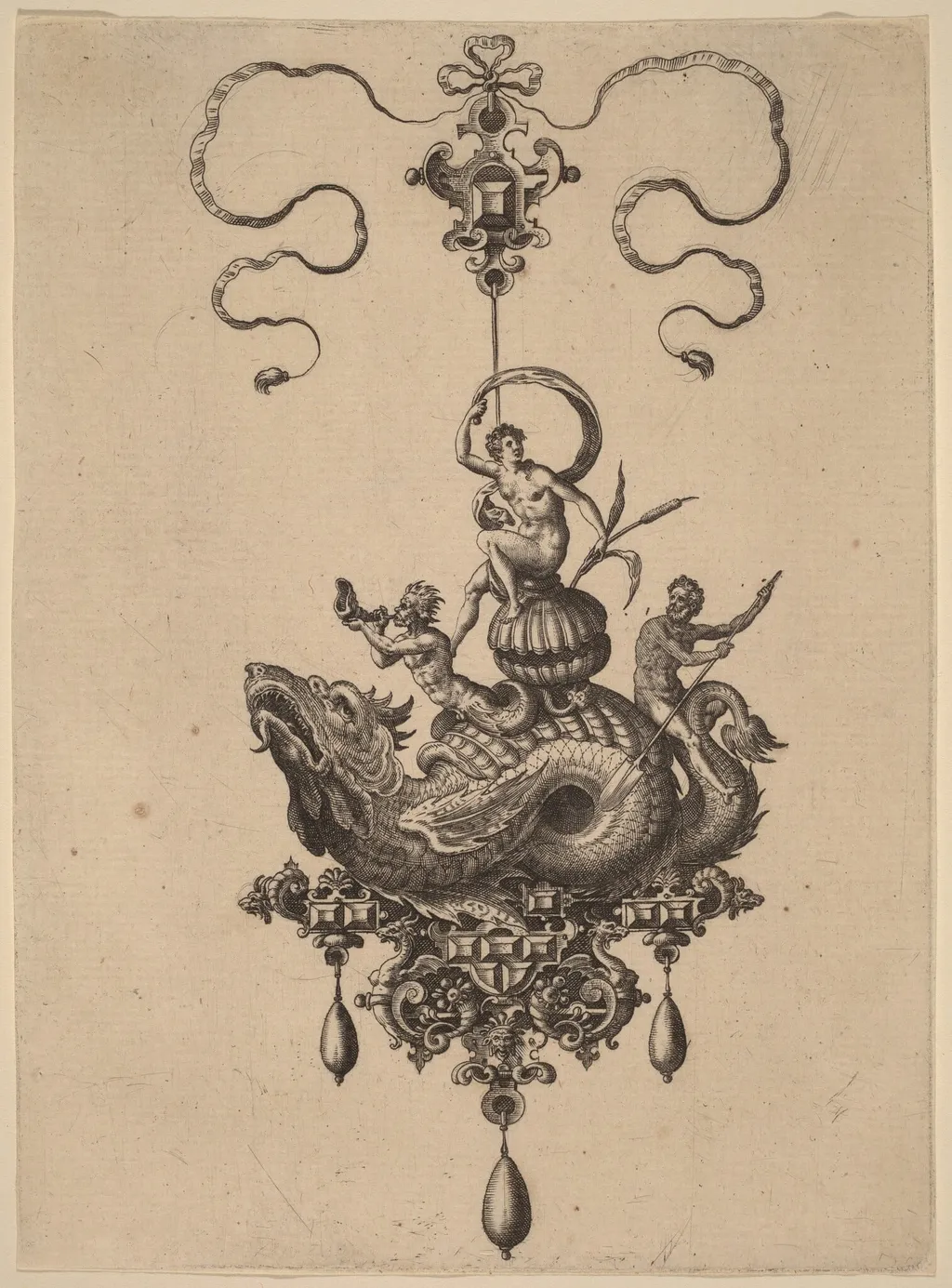 Design for a Pendant with Sea-Monster Carrying a Woman on a Shell Flanked by a Triton and a Man with an Oar, by Adriaen Collaert, ink, 1582