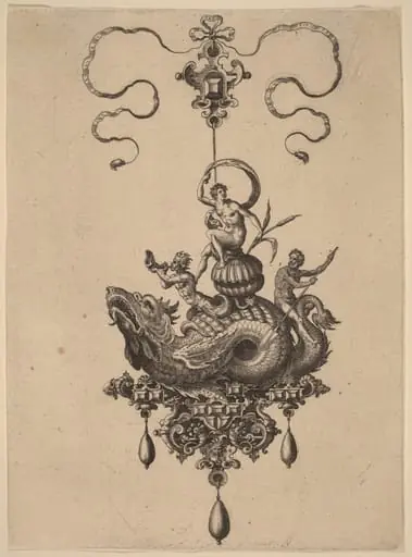 Design for a Pendant with Sea-Monster Carrying a Woman on a Shell Flanked by a Triton and a Man with an Oar, by Adriaen Collaert