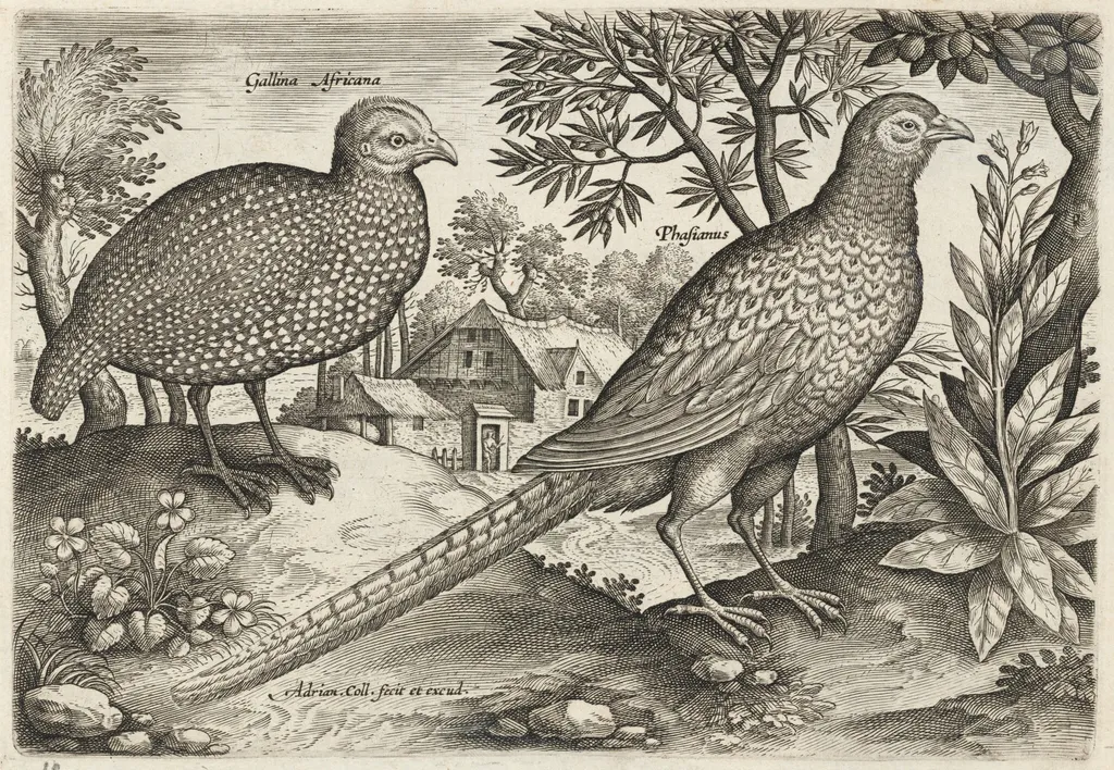 Guinea Fowl and Pheasant, by Adriaen Collaert, ink, 1600