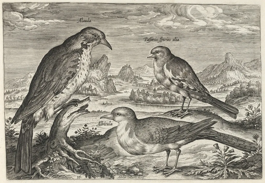 Lark and Two Smaller Birds, by Adriaen Collaert, ink, 1600