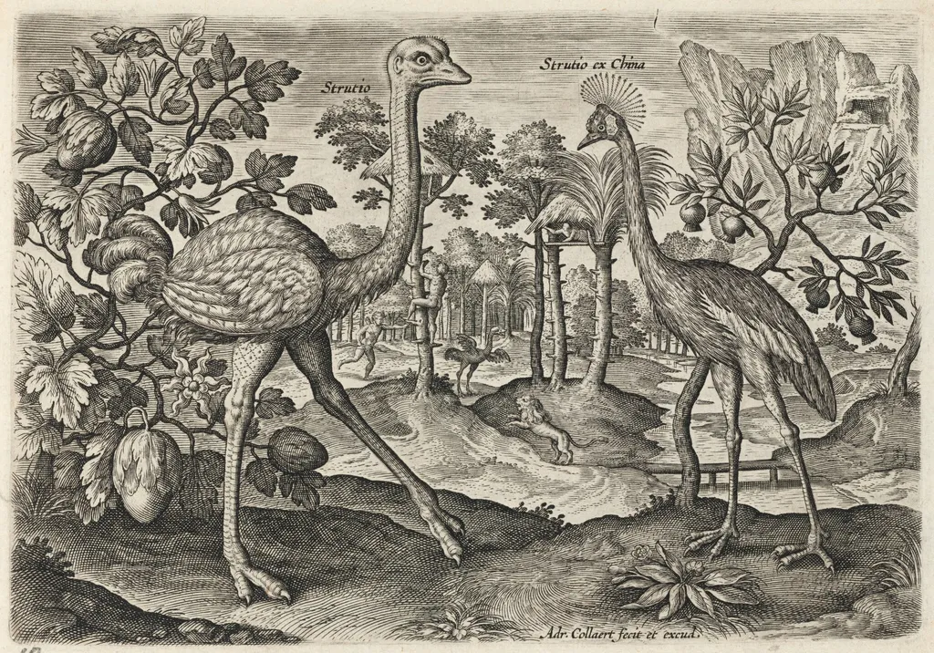 Ostrich and Crowned Crane, by Adriaen Collaert, ink, 1600