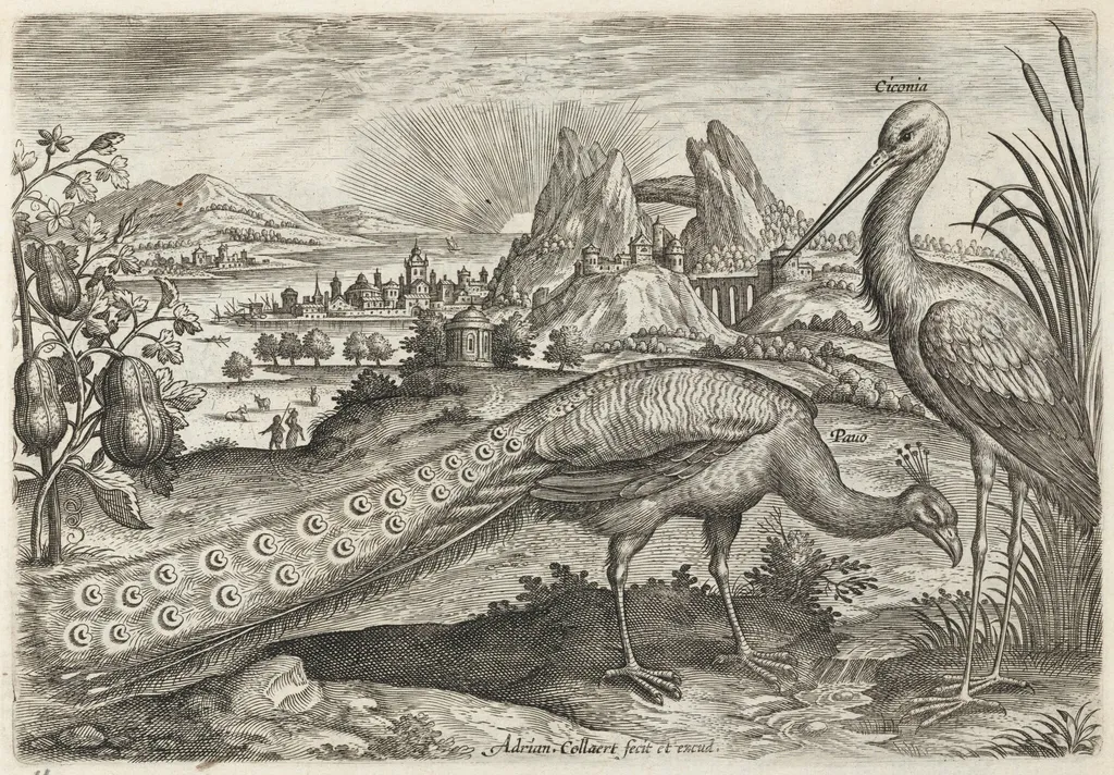 Peacock and Stork, by Adriaen Collaert, ink, 1600