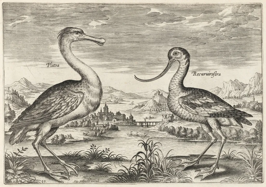 Spoonbill and Avocet, by Adriaen Collaert, ink, 1600