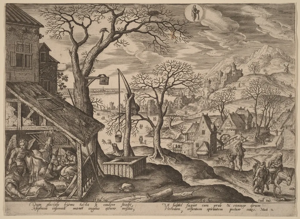 The Angel Telling Joseph to Flee and the Flight into Egypt, by Adriaen Collaert, ink, 1585