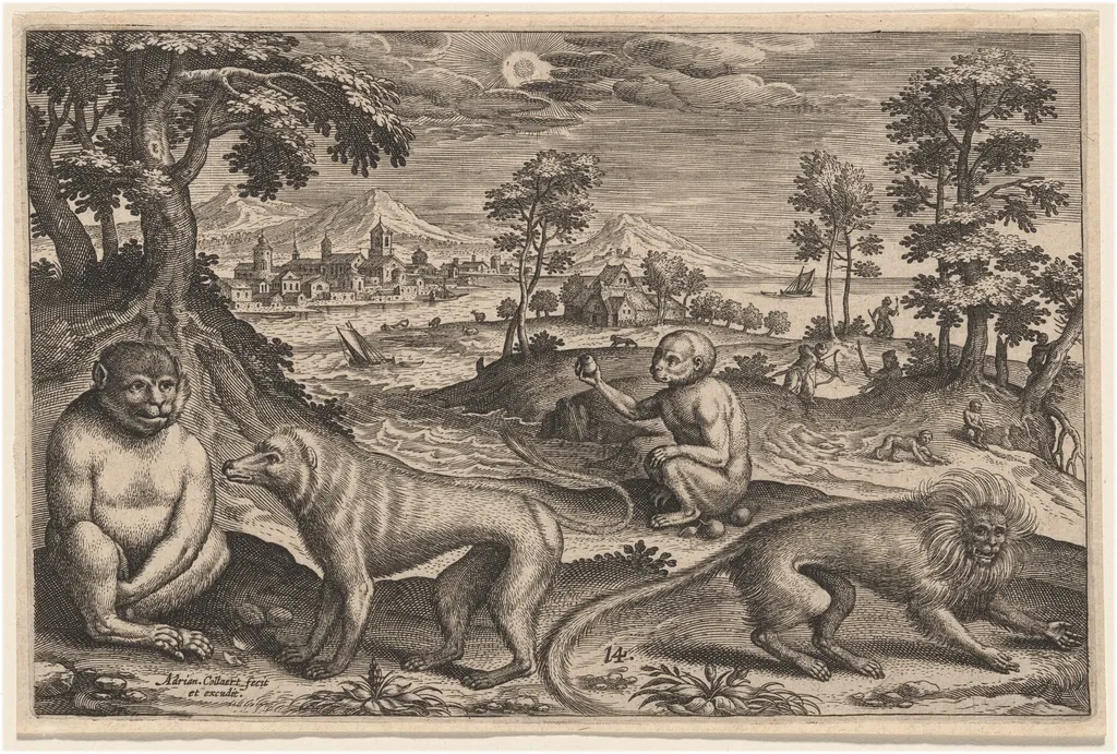 Two Apes and Two Monkeys, by Adriaen Collaert, ink, 1597