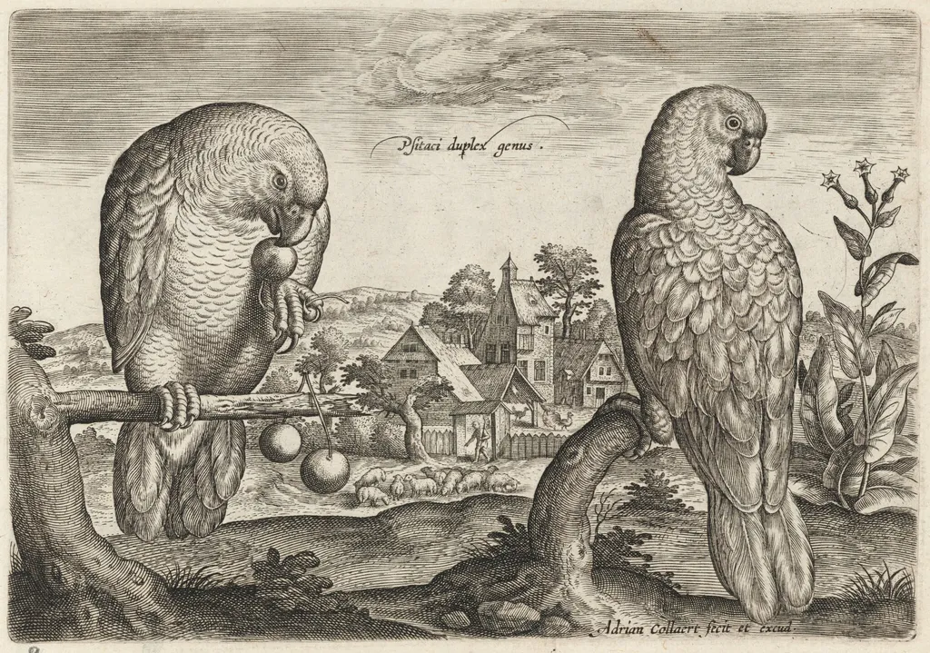 Two Grey Red-Tailed Parrots, by Adriaen Collaert, ink, 1600