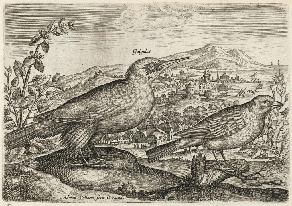 Woodpecker and Bunting, by Adriaen Collaert, ink, 1600