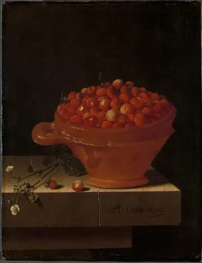 A Bowl of Strawberries on a Stone Plinth