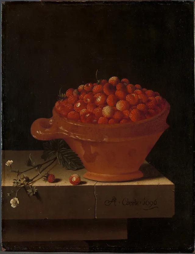 A Bowl of Strawberries on a Stone Plinth