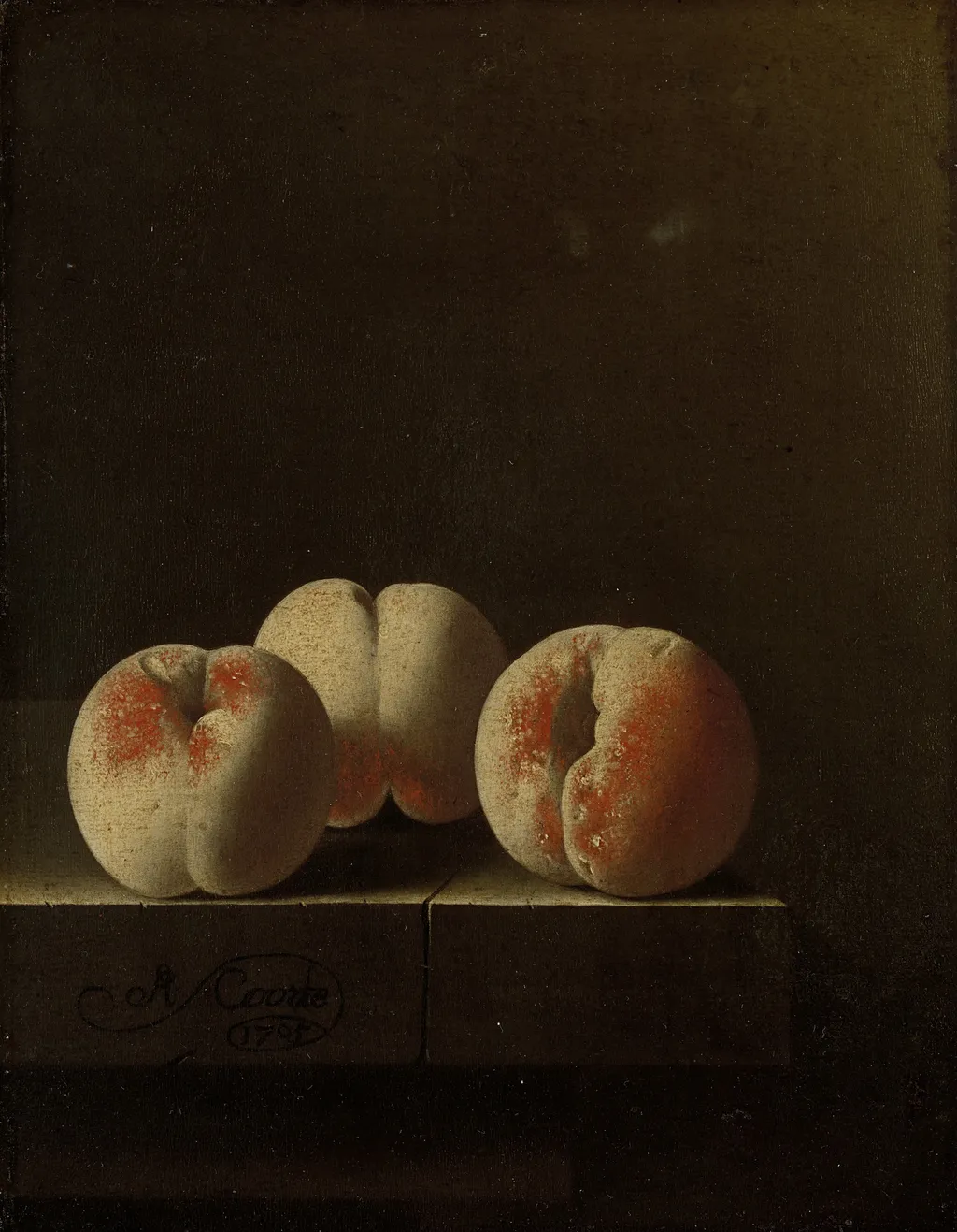 Drie perziken op een stenen plint, by Adriaen Coorte, unspecified, 1705