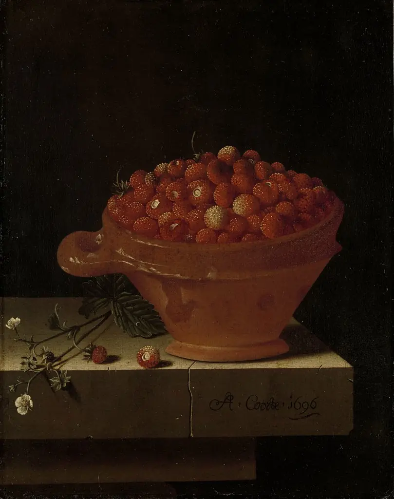Een bakje aardbeien op een stenen plint, by Adriaen Coorte