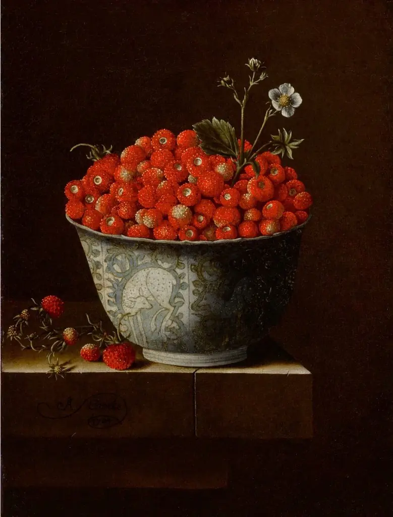Still life of fraises-de-bois in a Wan-Li bowl upon a stone ledge, by Adriaen Coorte